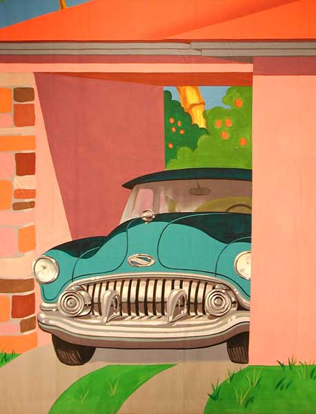 closeup of the car parked in the 1950s house backdrop