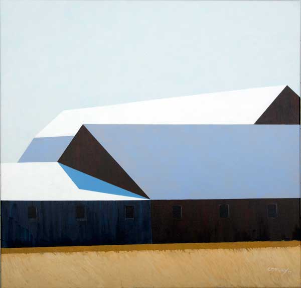 a long barn with a white roof  heavily shadowed with 6 windows going across the canvas
