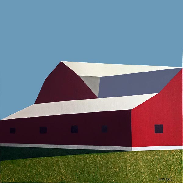 painting of a long red barn, partially in shadow with a white roof and green grass in the foreground