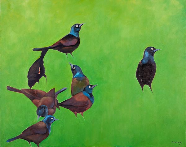 painting of several blackbirds on green background