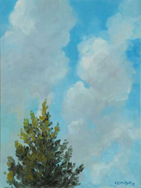 a painting of a blue sky with clouds and one tree top showing