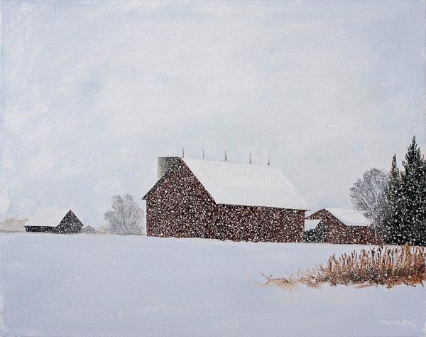 painting of a farm in winter