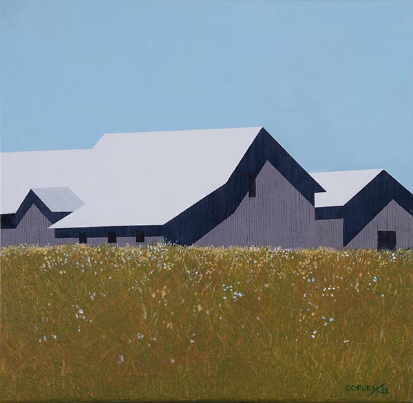 Painting of a grey barn set in a golden field with a white roof and dark shadows under the eaves