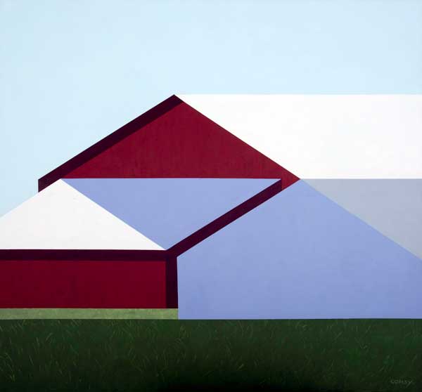 a geometric rendering of a red barn with a white and silver roof. Triangle shapes are prominent in this painting. 
