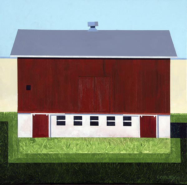 painting of a red barn with a white stone base sitting in a field of green grass