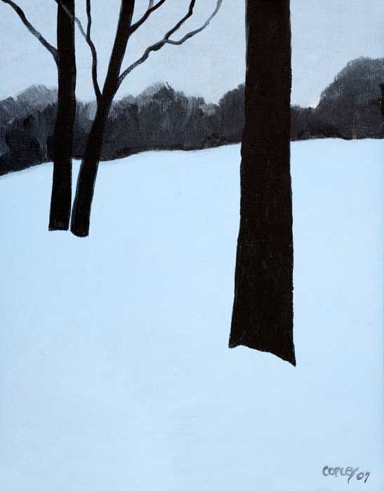 painting of a snow covered hillside with just three tree trunks.