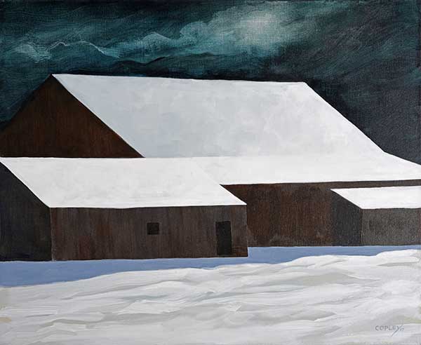 painting of a brown barn in a cloud filled moolit night with snow drifts in the foreground.