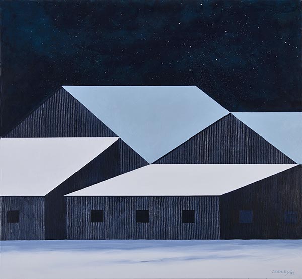 painting of barns at night under a cloudy sky in a field of drifting snow with their white roofs gleaming in the darkness