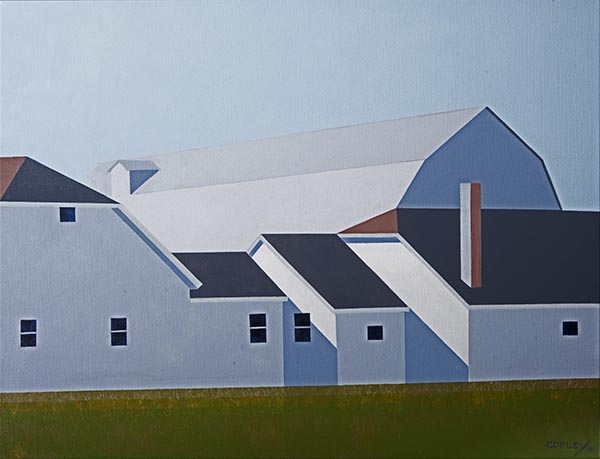 painting of a white multifaced large barn-like building with dark burgandy brown roof with green grass in the foreground and blue skies above