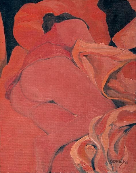 painting of the torso of a woman done in reds and blacks