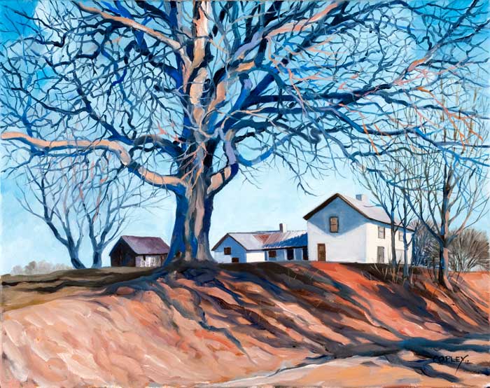 painting of a farm with a leafless tree in the foreground casting shadows on the hillside