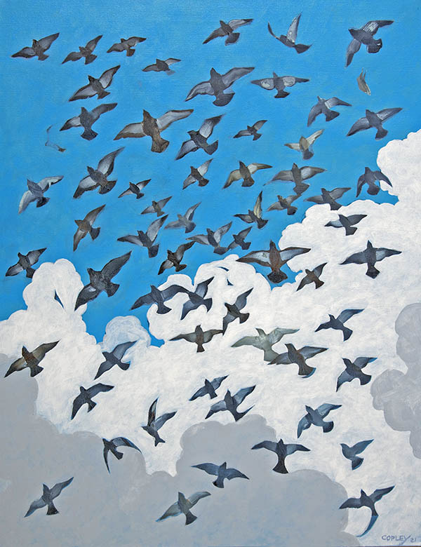 painting of a flock of birds against a blue skies with fluffy white clouds
