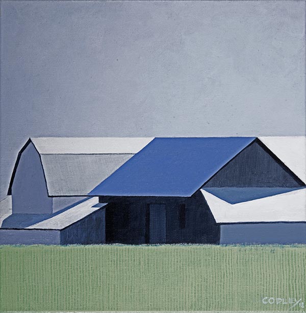 painting of a large barn in steel blue-grey colors with a green field in the foreground and blue skies above