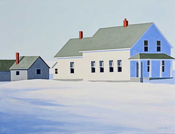 painting of a white two story house with a grey green roof sitting in front of a much smaller one story grey house surrounded by a blanket of snow.