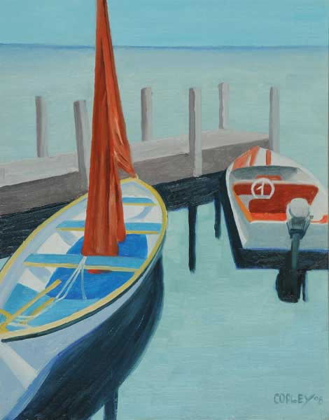 a painting of two boats moored at a dock