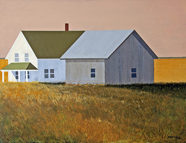 painting of a white farm house sitting in a field of yellow green grass against a warm sunset sky