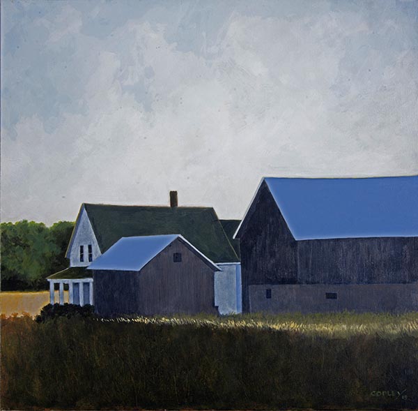 painting of a backlit house, barn and out building sitting in a grassy field with trees and cloudy blue sky in the background