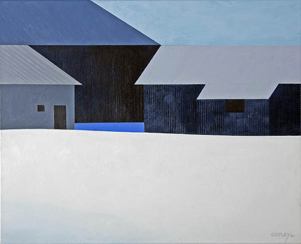 painting of three mostly white barns in snow with a dark shadow between them