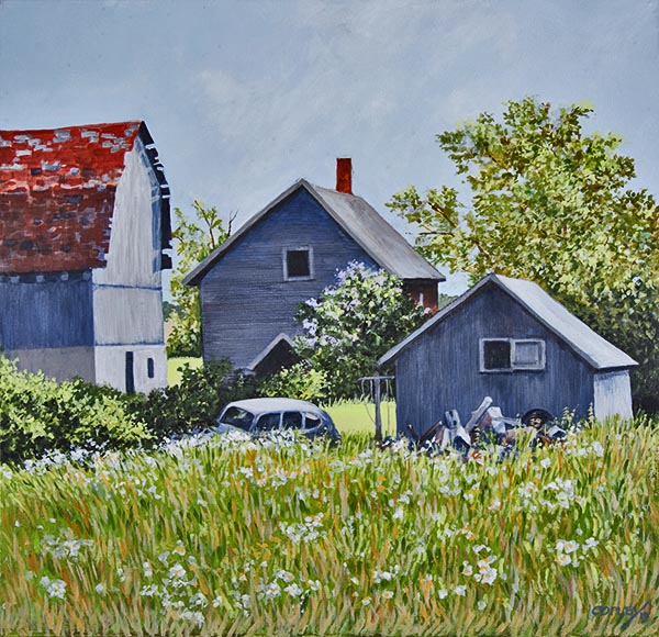 painting of a house, barn and outbuidling with a field of flowers in the foreground, lilacs and bushes around the buildings and blue sky with clouds