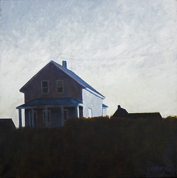 painting of a house with a covered porch very nearly a slhouette with a dark grassy foreground against a cloudy blue sky