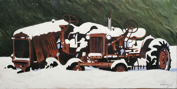 painting of two rusty old tractos covered in snow