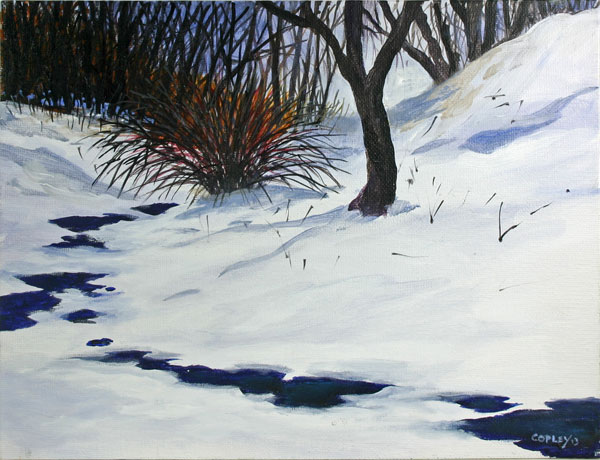 painting of bushes just starting to bud against a snowy foreground with a thawing creek running through