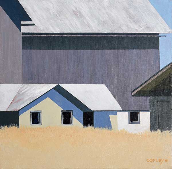 painting of multiple buildings; lower cream colored building in front of a large square dark grey barn both with white roofs. a field of golden grasses in the foreground and blue skies. This is a lighter rendition that the previous painting with perhaps less detail.