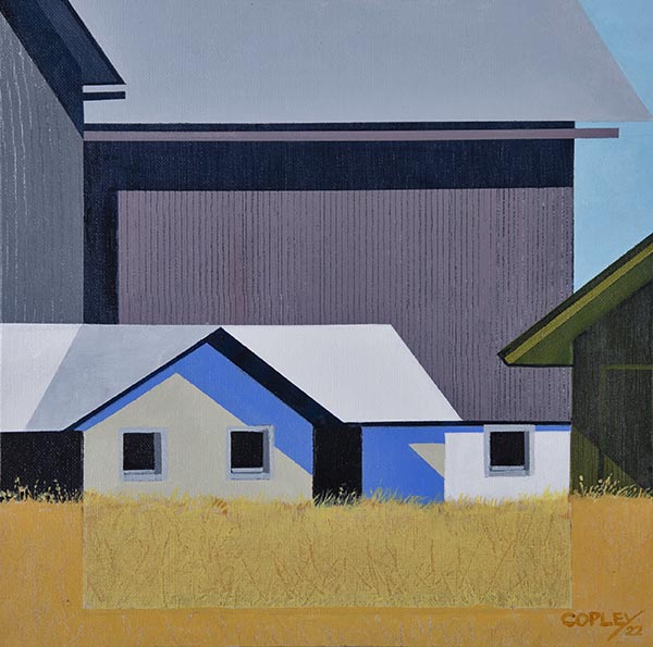 painting of a one story white house in front of a very large grey barn in a golden field of grass