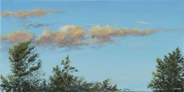 a painting of a blue sky with clouds showing a few tree tops