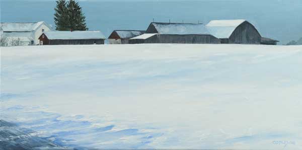 painting of a farm on a snow covered hill
