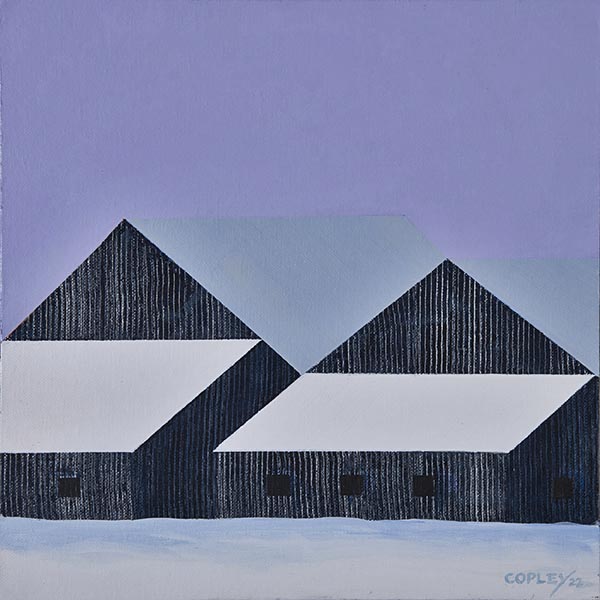 painting of two barns side by side in a snowy field against a night sky of purple twilight