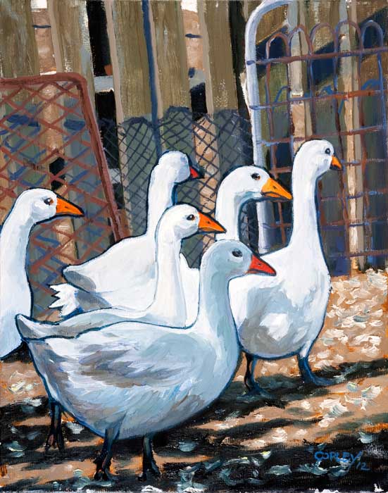 paintiing of 6 geese walking through a gate