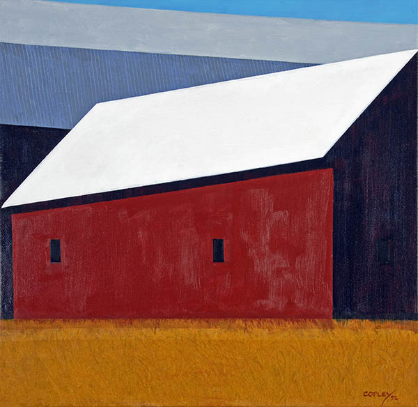 painting of a red barn with a white roof