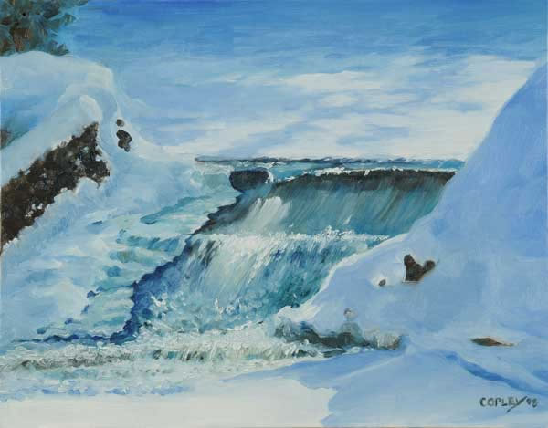 a painting of a waterfall in winter