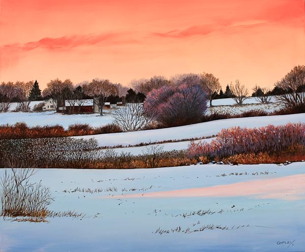 painting of a sunset over a snow covered farm