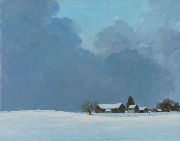 painting of a snow covered farm with threatening clouds