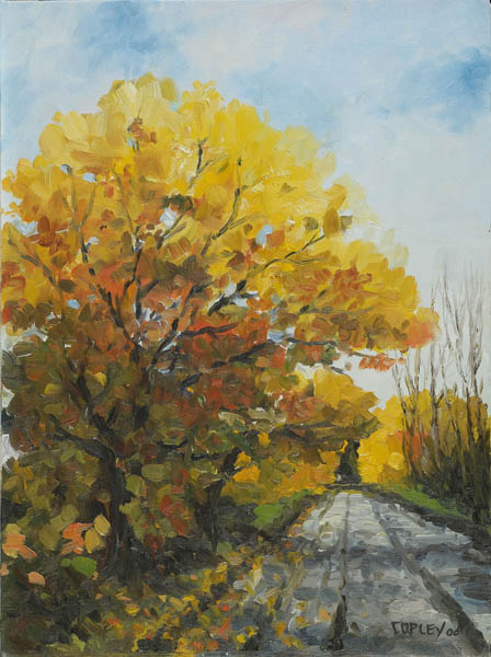 painting of a dirt road through autumn trees