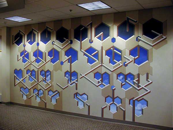 computer lab mural featuring geometric spaces that seem to look out onto a blue cloudy sky