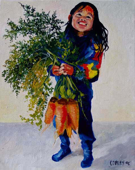 painting of a little girl holding a huge bunch of carrots