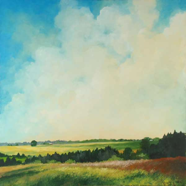 painting of a landscape with a blue sky filled with fluffy white clouds