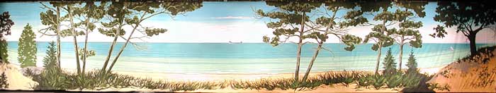 backdrop painting of a lakeshore