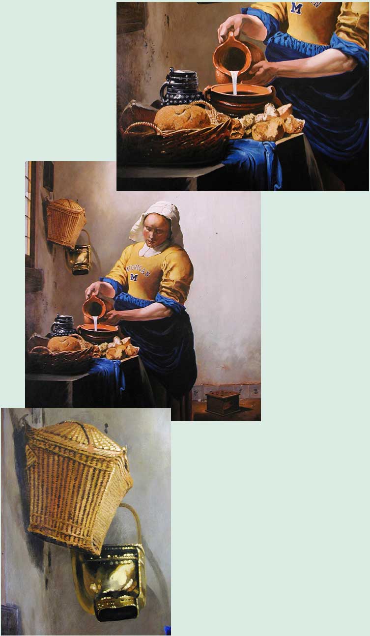 painting of a milkmaid wearing a u of m football juersey and sme closeups