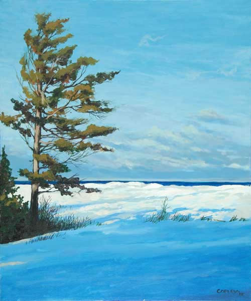 painting of a treelined shoreline in winter