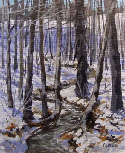 painting of a treelined stream in winter