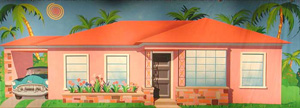 backdrop painting of a 1950s house