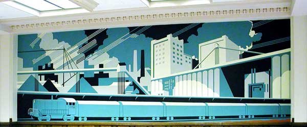 mural with trains in a depot and city in the background