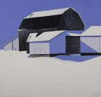 painting of a black barn in the snow casting blue shadows