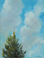 a painting of a blue sky with clouds with one tree top showing