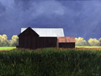 a paninting of a barn set against a dark stormy sky with a field of green in the foreground