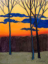 Painting of leafless trees at sunset with blue clouds in the sky
